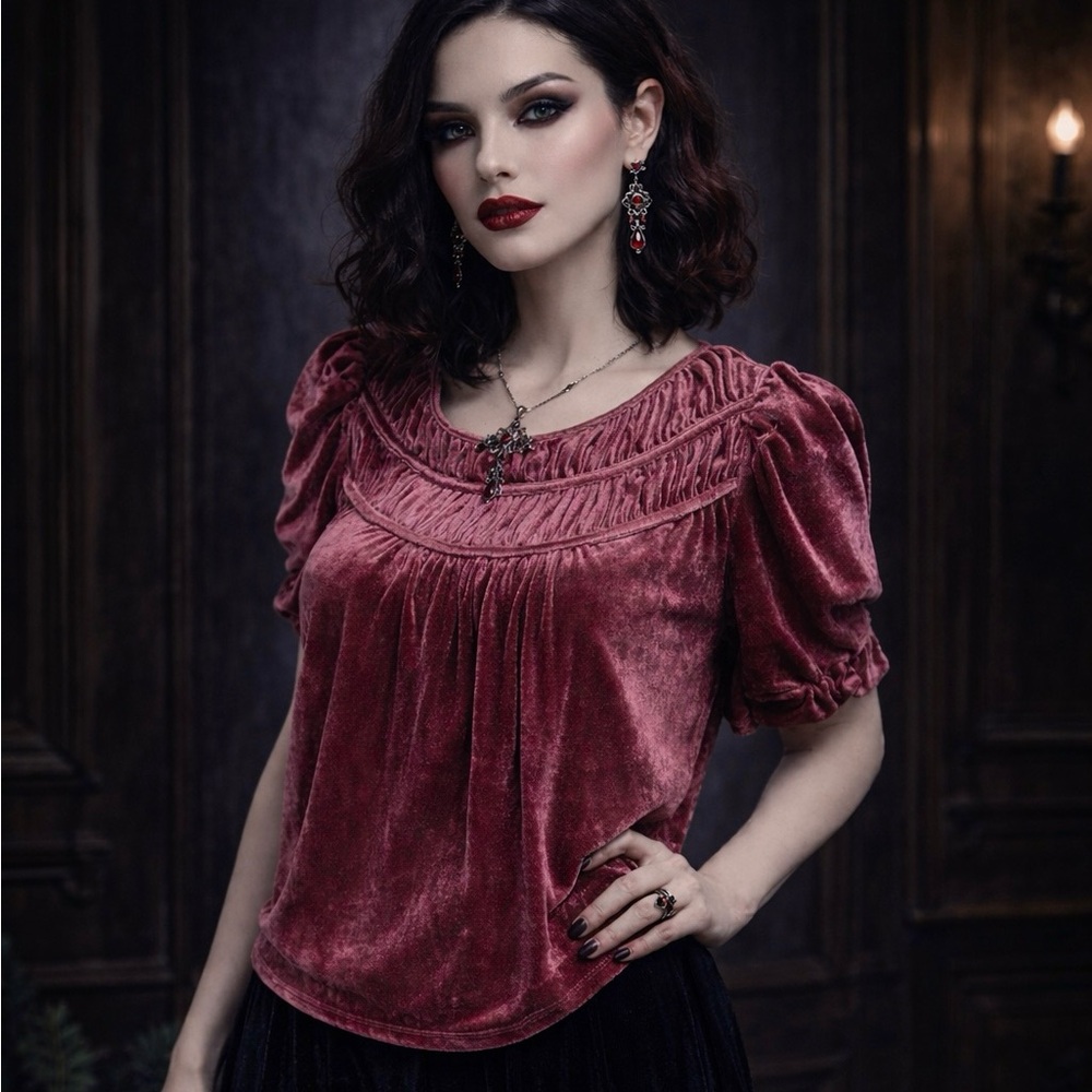 Loft Velour Romantic Top Size S Burgundy Whimsigoth Vampire